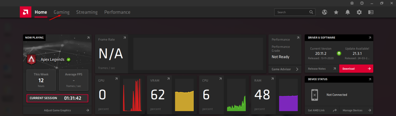 Click on “Gaming” located in AMD Radeon Software