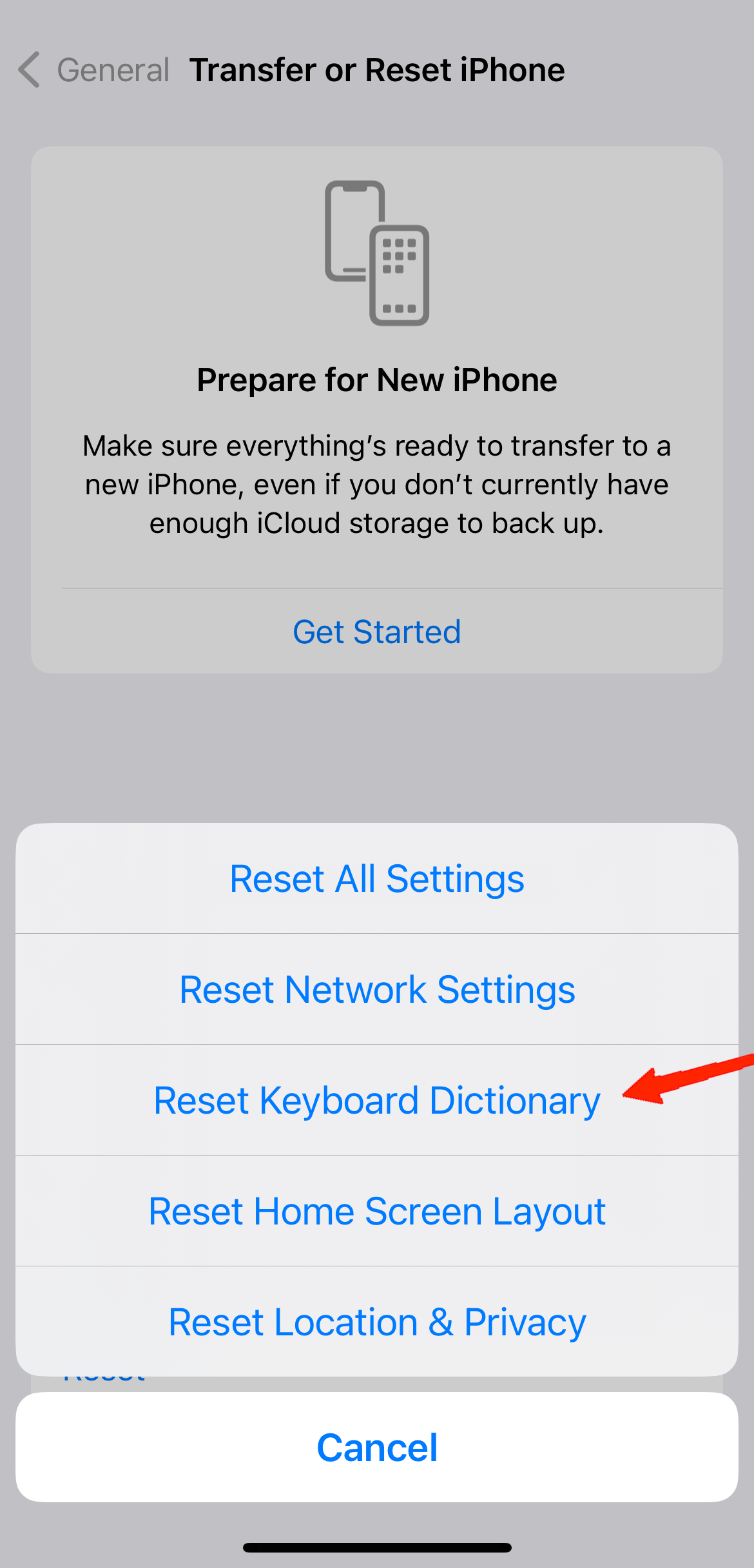 Click on Reset Keyboard Dictionary