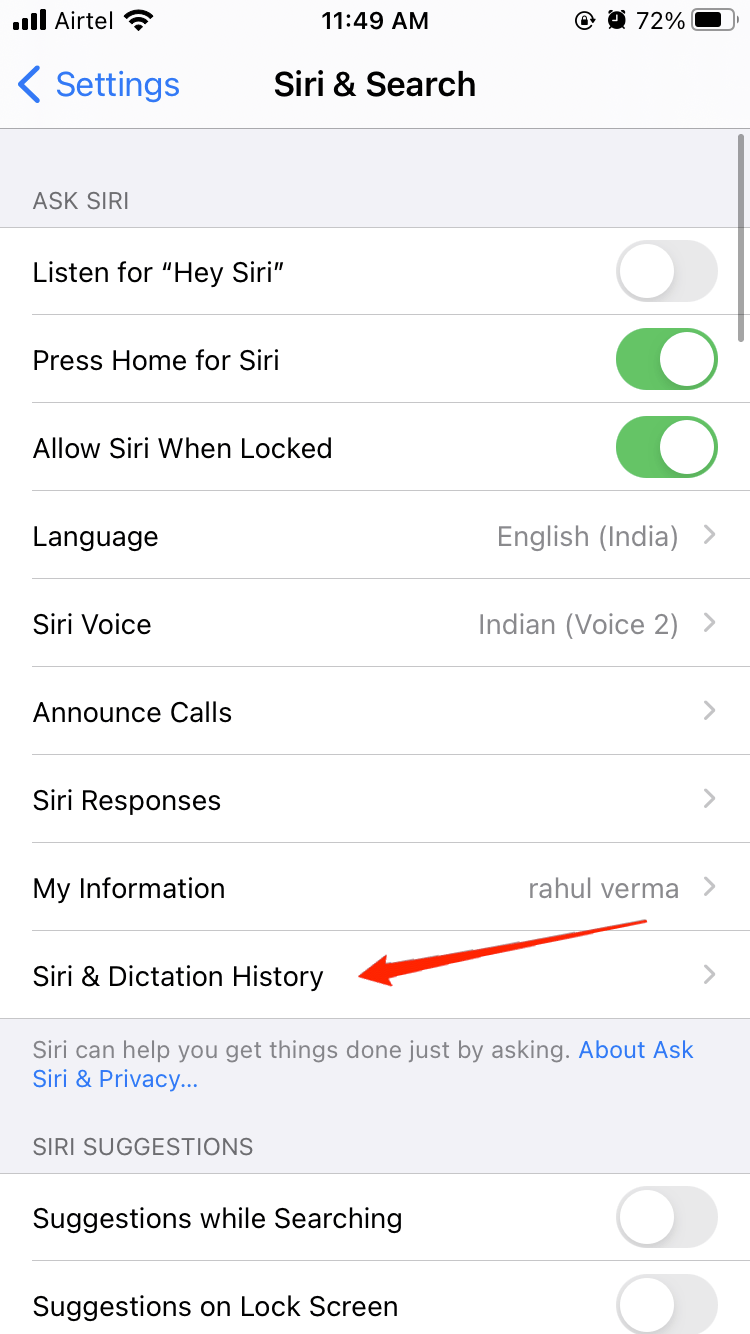 Click on Siri & Dictation History option