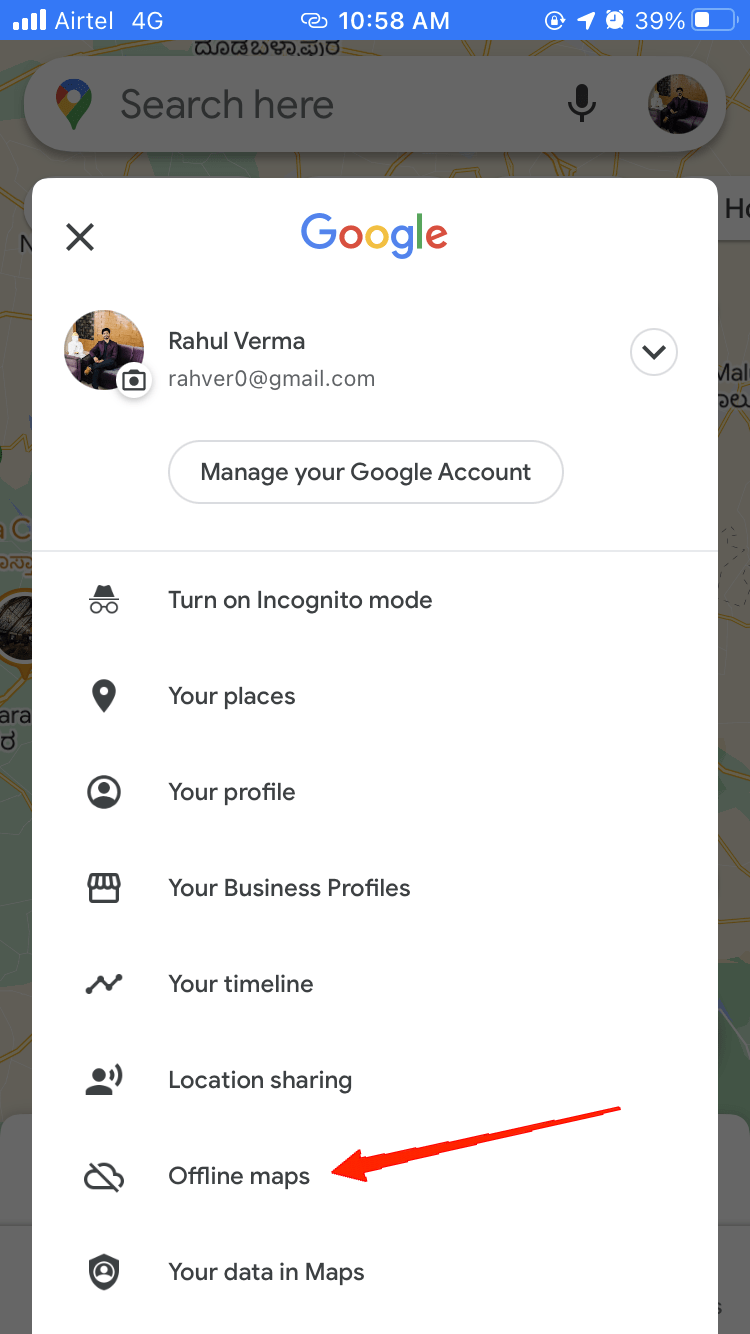 Click on your profile icon and select Offline Maps