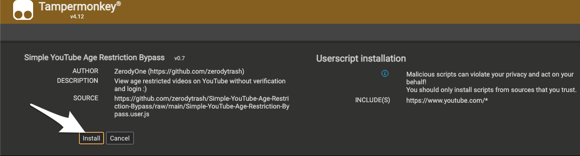 Click Install to Add the Script to Extension