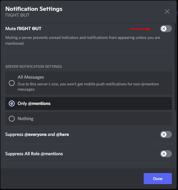 Click on “Mute (Server Name)” to enable it.