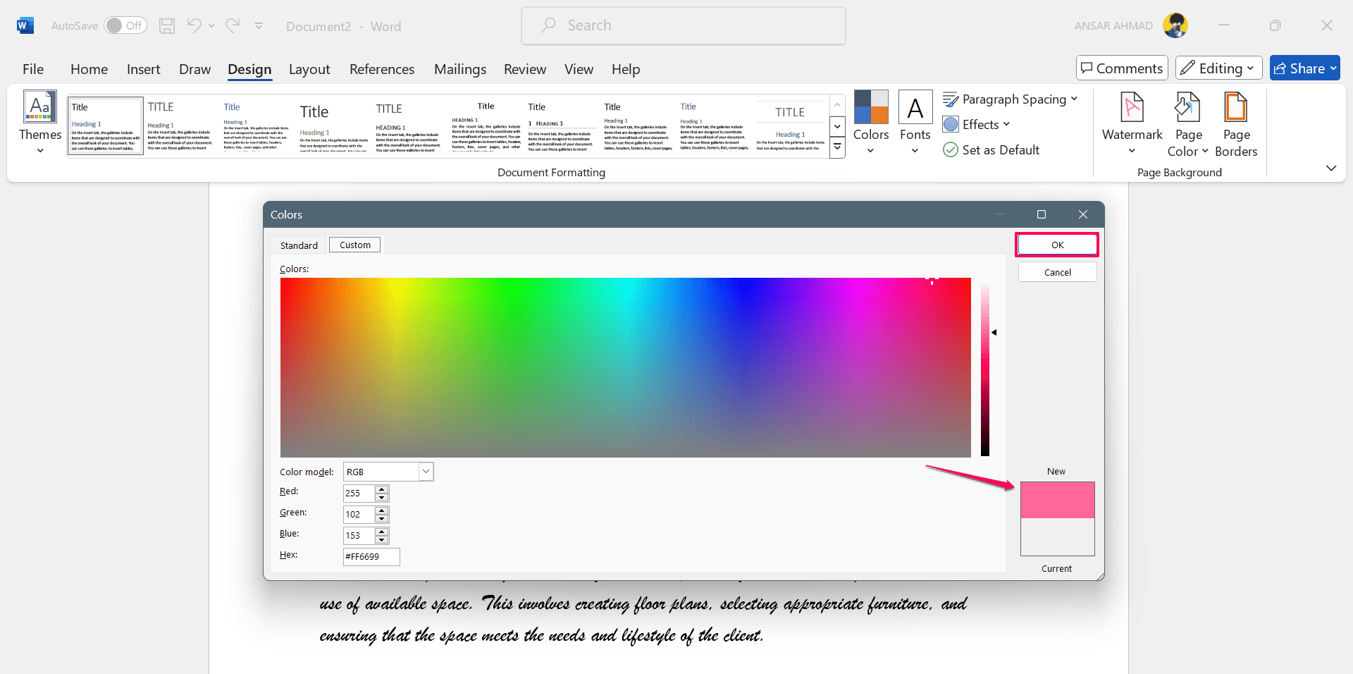 Click on the custom tab to add the color