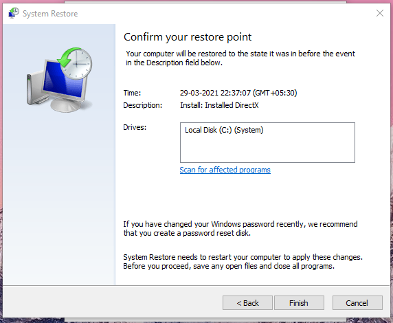 Confirm your restore point