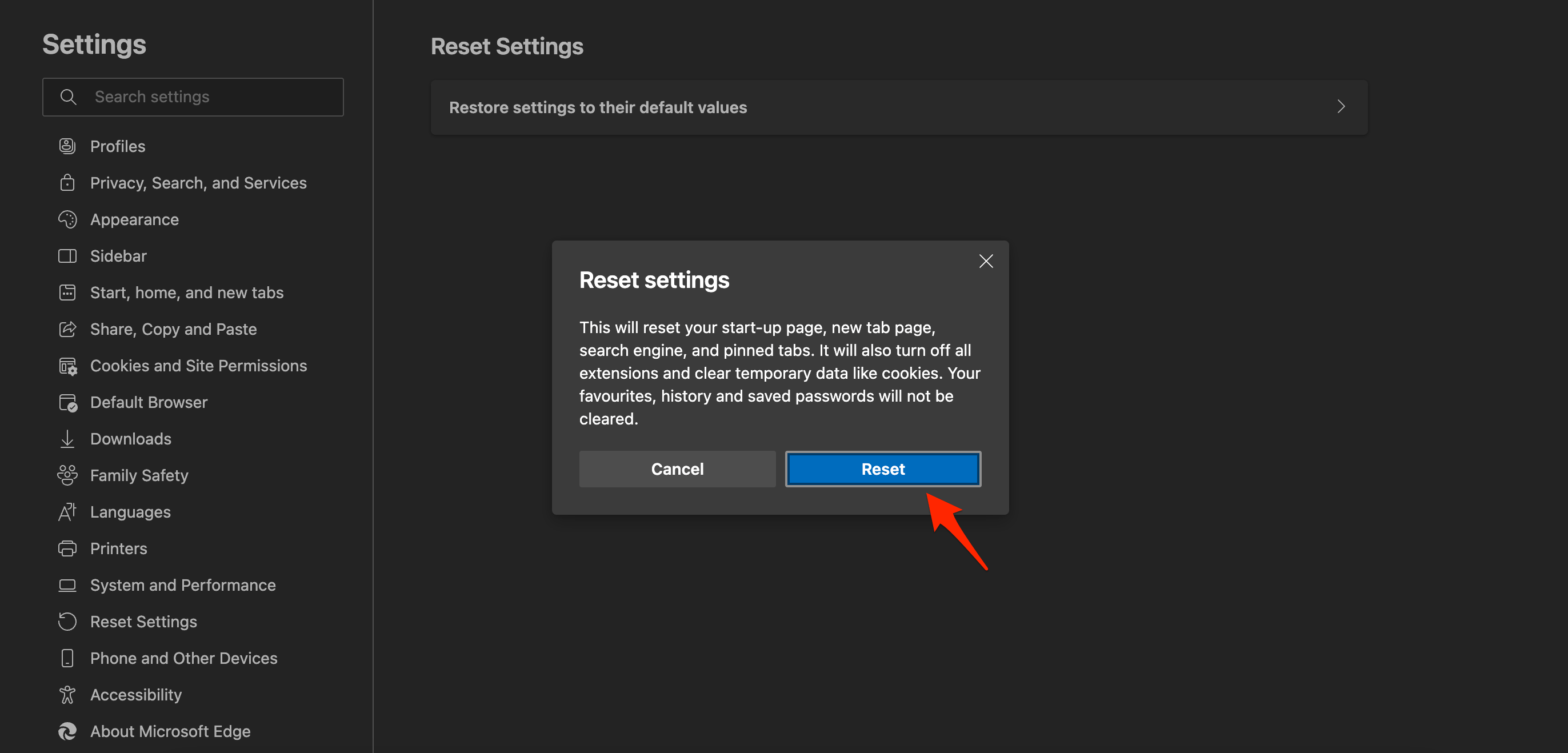 Confirm by clicking on the Reset button