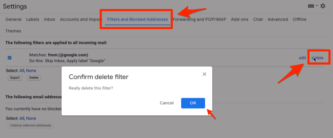 Confirm to Delete an Existing filter in Gmail