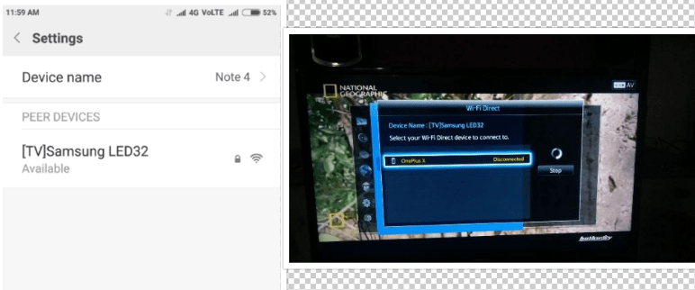 Connect the Device with Smart TV. LSH image shows Xiaomi Wireless settings and RHS image shows Smart TV connecting to your device