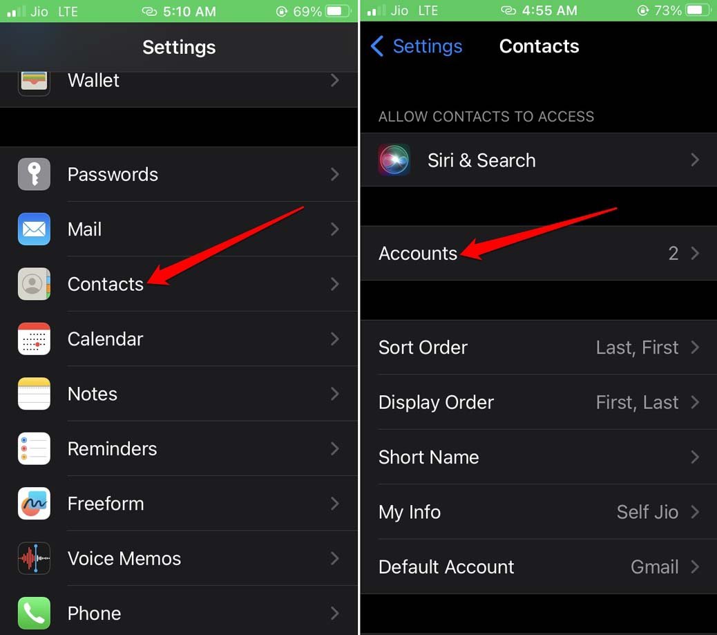 Contacts accounts in iOS
