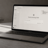 Cozy minimalist workspace with MacBook Pro - This conversation is too long Claude