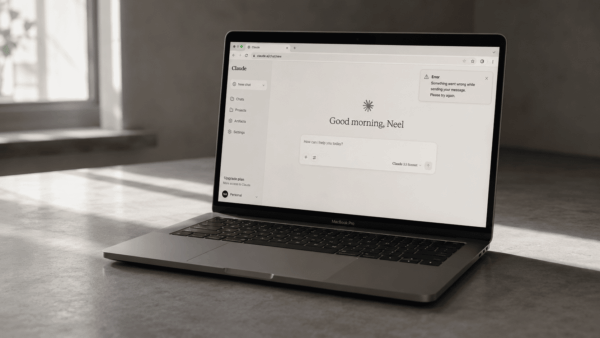 Cozy minimalist workspace with MacBook Pro - This conversation is too long Claude