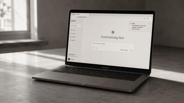 Cozy minimalist workspace with MacBook Pro - This conversation is too long Claude