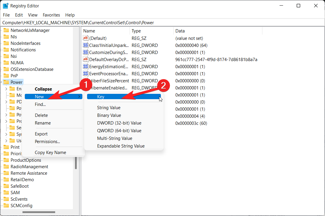Create new key in Power folder