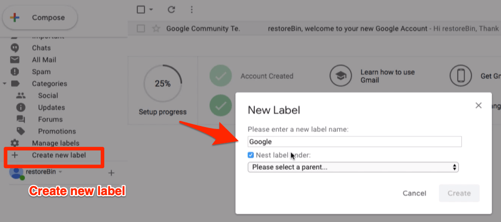 Create new label window in Gmail