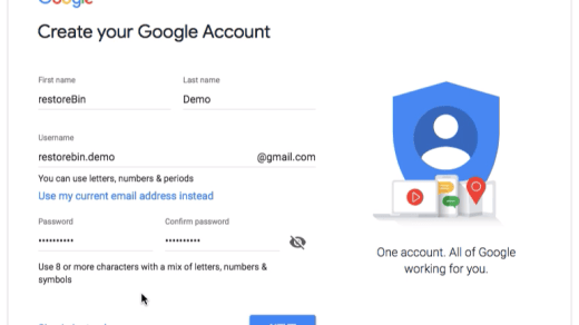 Create your Google Account Form - Name, username, password
