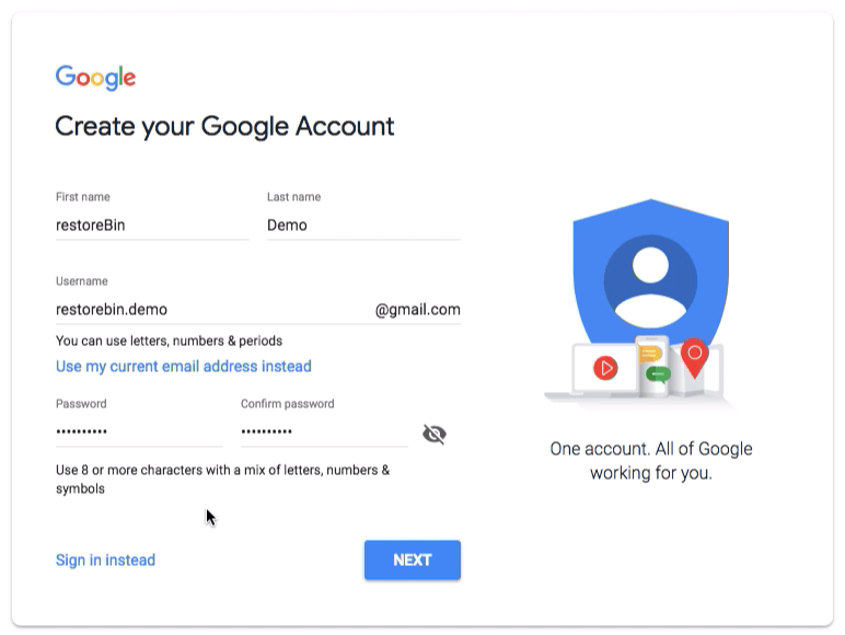 Create your Google Account Form - Name, username, password