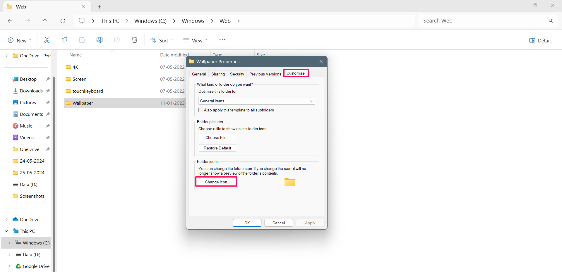 Click the Customize tab and choose Change Icon