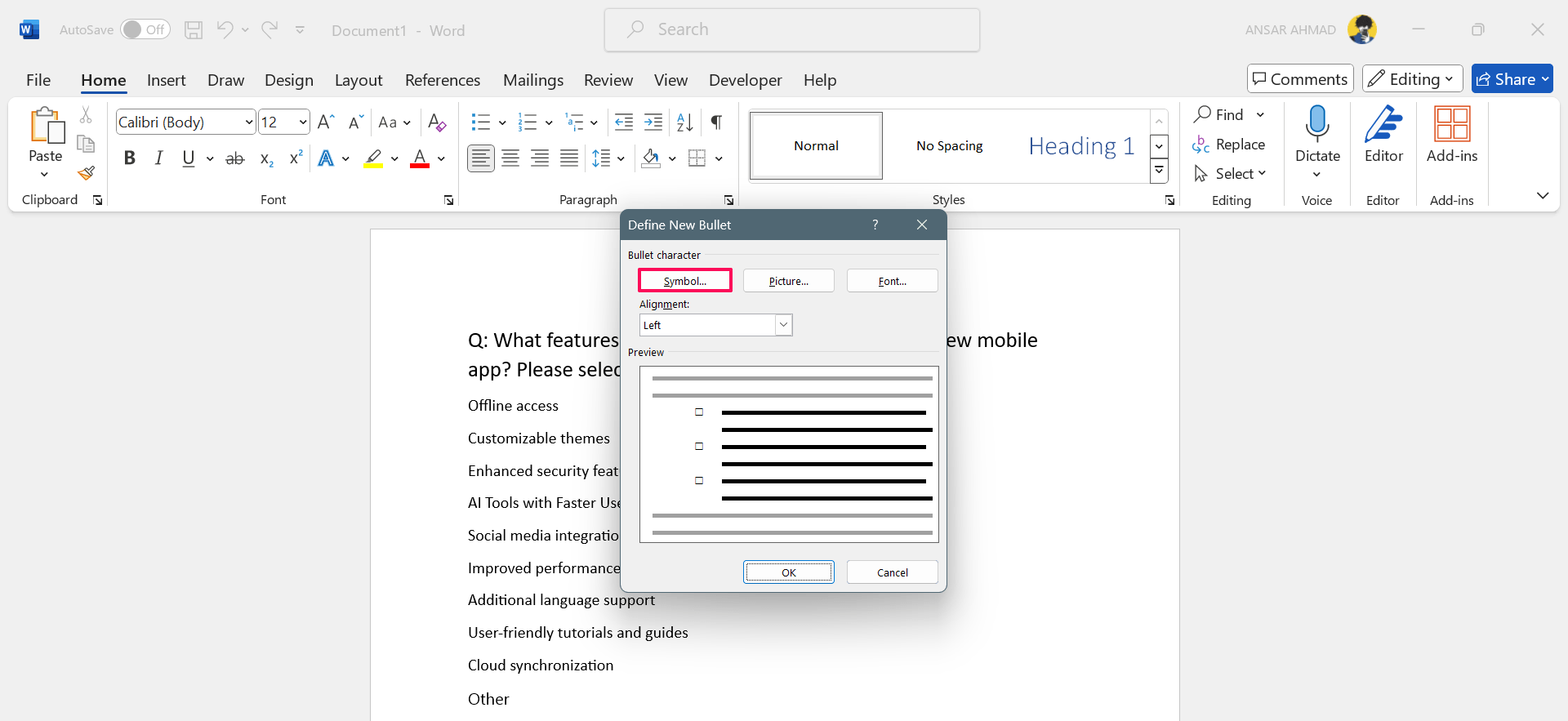 Click on Symbol in the Define New Bullets window
