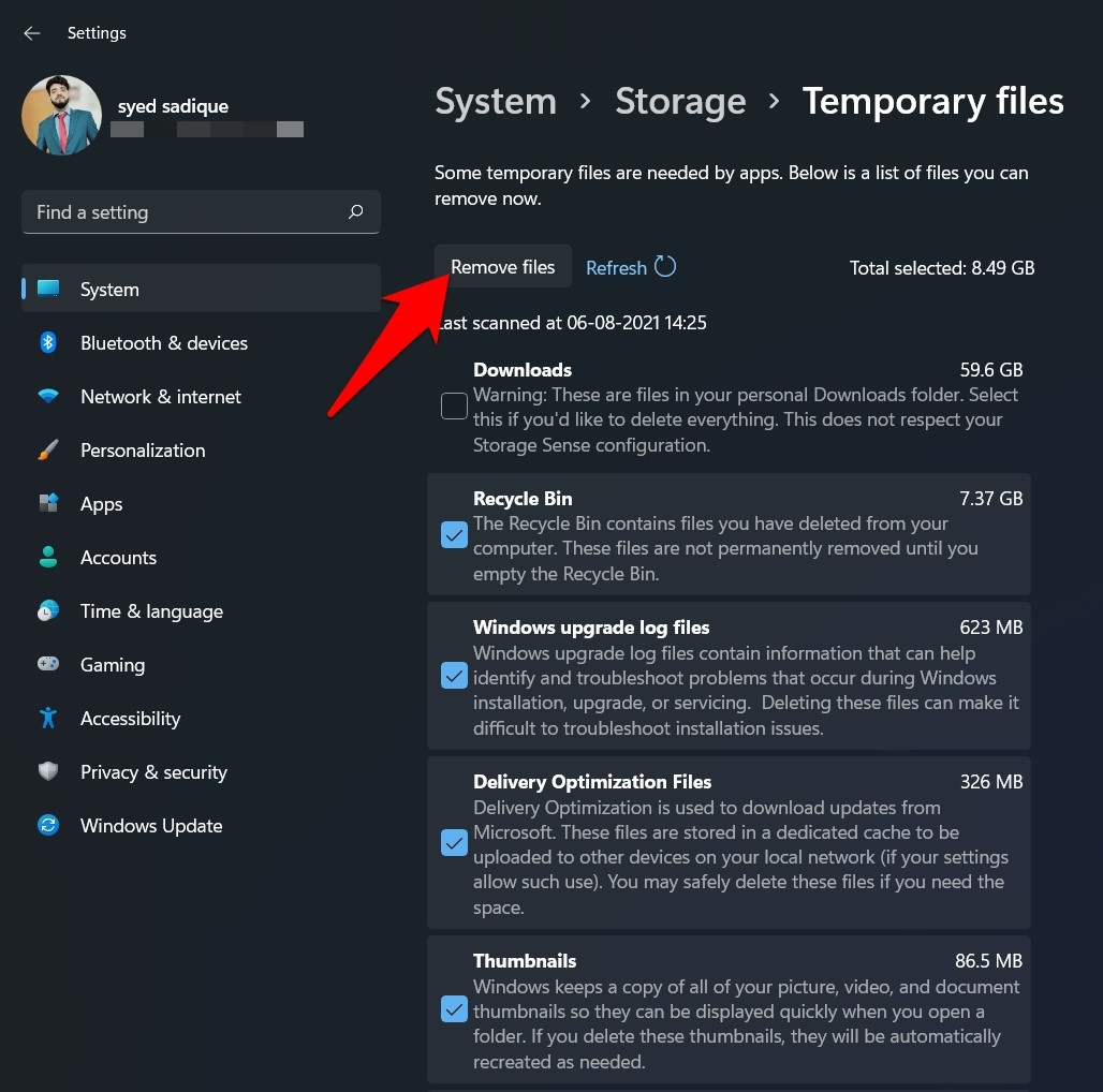 Delete Temporary Files in Windows 11 via Settings page