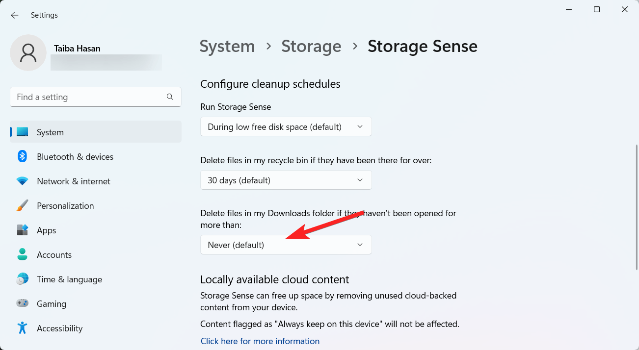 Delete files in my download folder storage sense setting