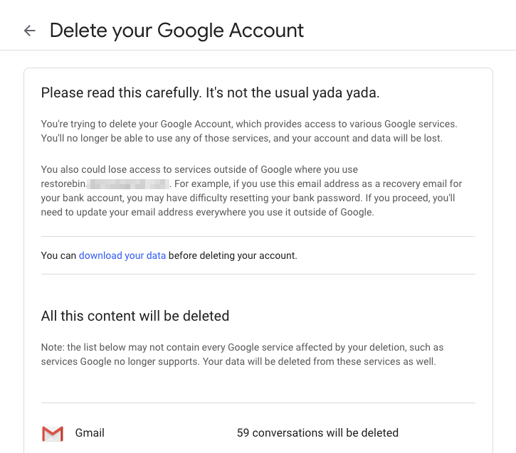 Delete your Google Account Page Confirmation