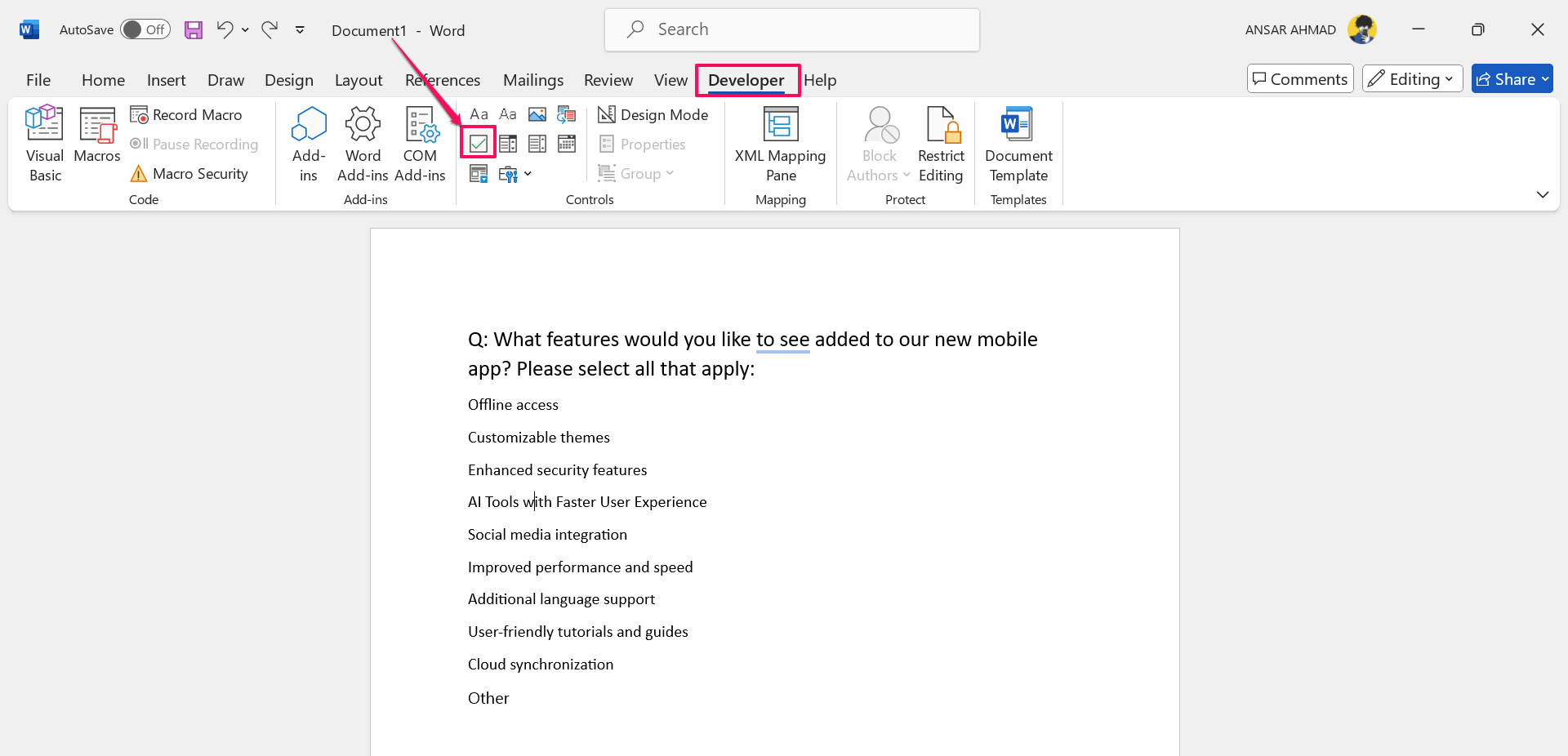 Click on the Checkbox icon to add checkboxes