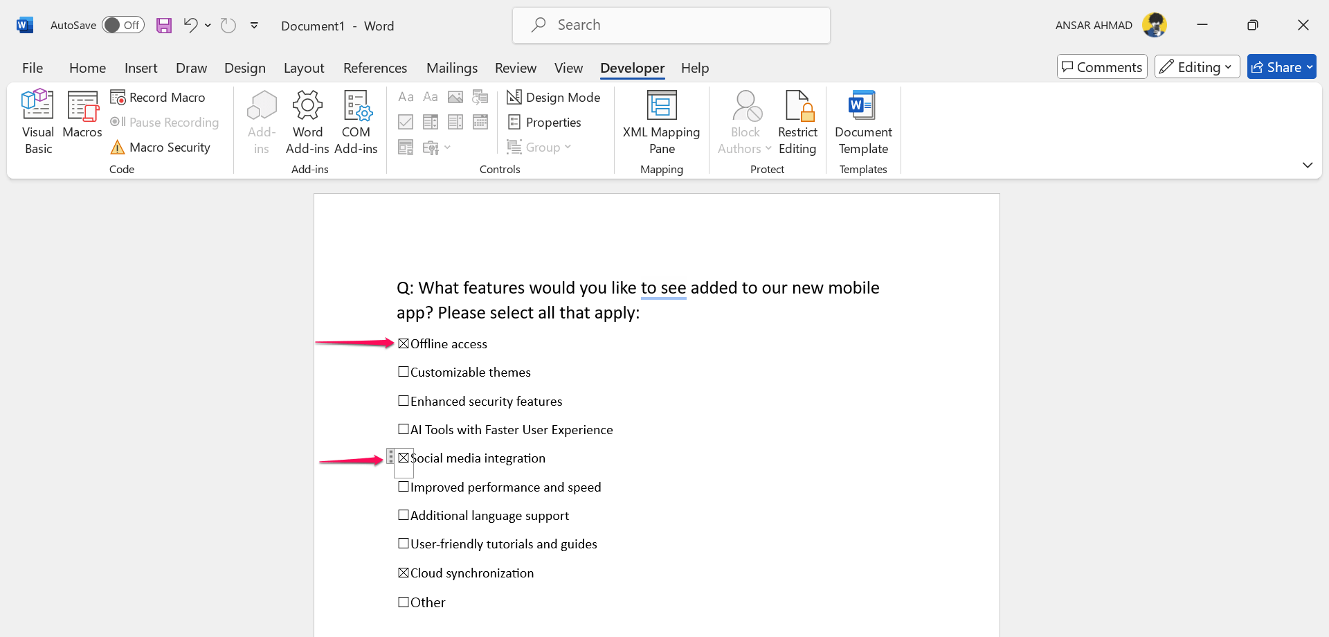 Added checkboxes in word document using Developer tab