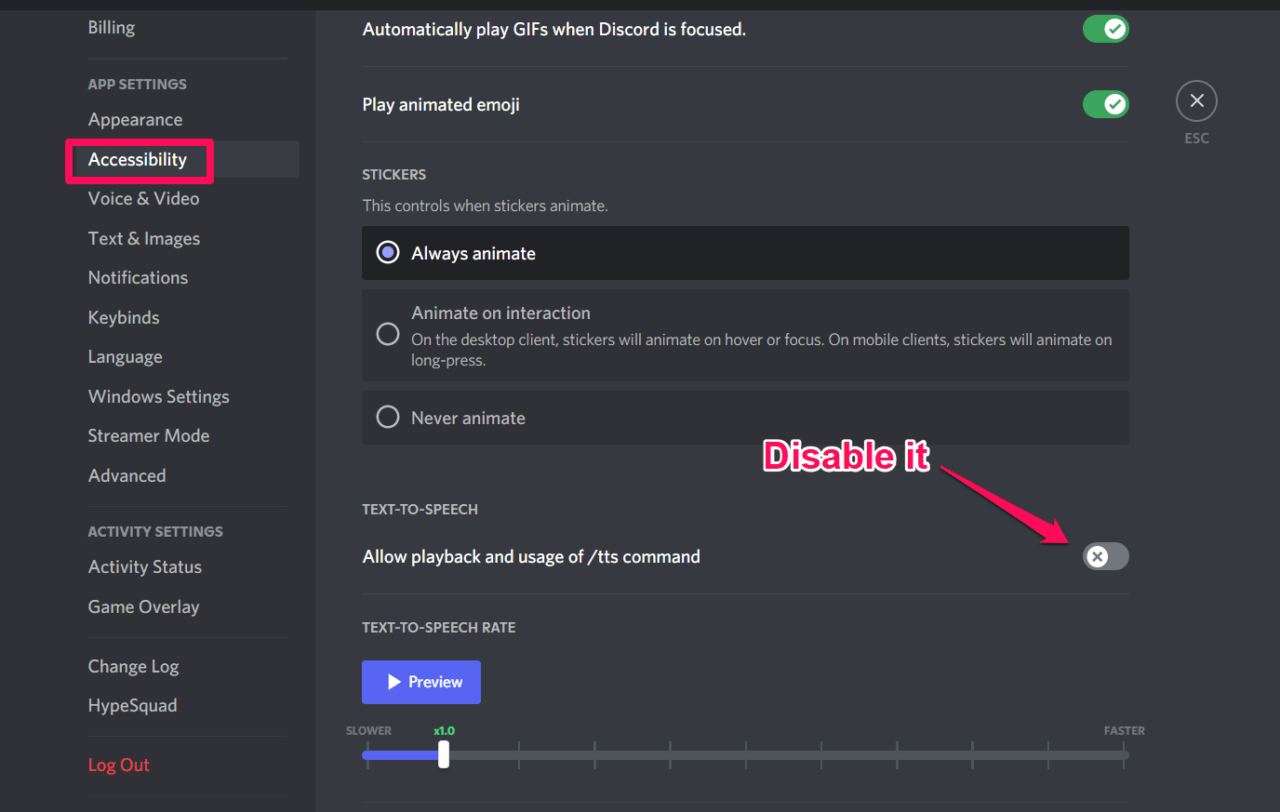 Disable Allow playback and usage of tts command