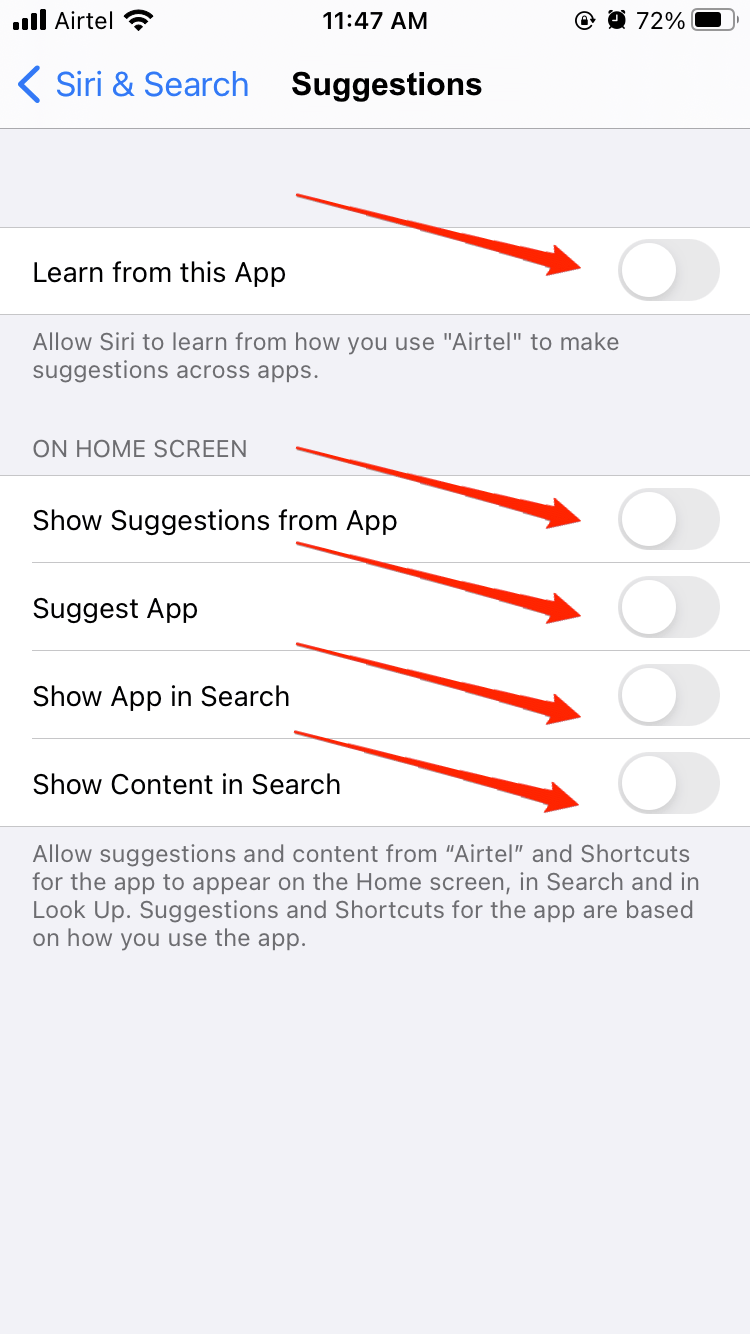 Disable the Allow Notifications, Show in App Library, Show when sharing, and Show when Listening options or any options available