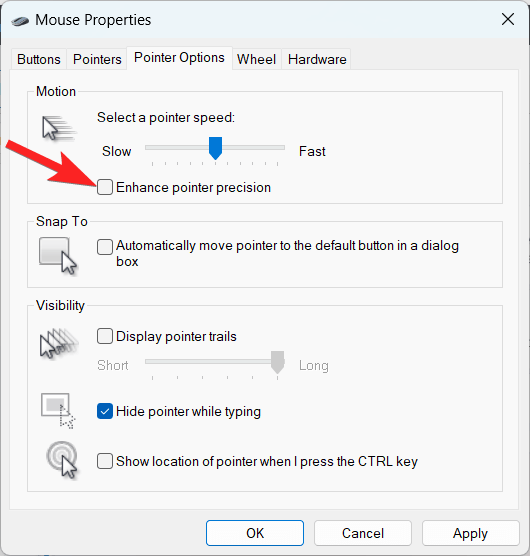 Disable the checkbox for Enhanced Pointer Precision