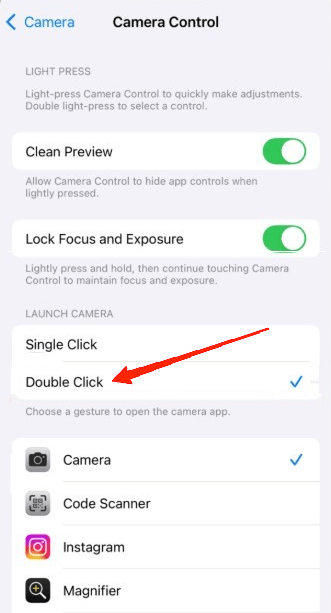 Under the 'Launch Camera' section, tap on 'Double Click'.
