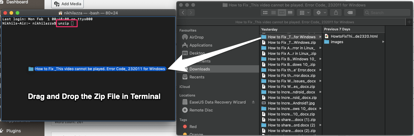 Drag and Drop the Zip File in Terminal