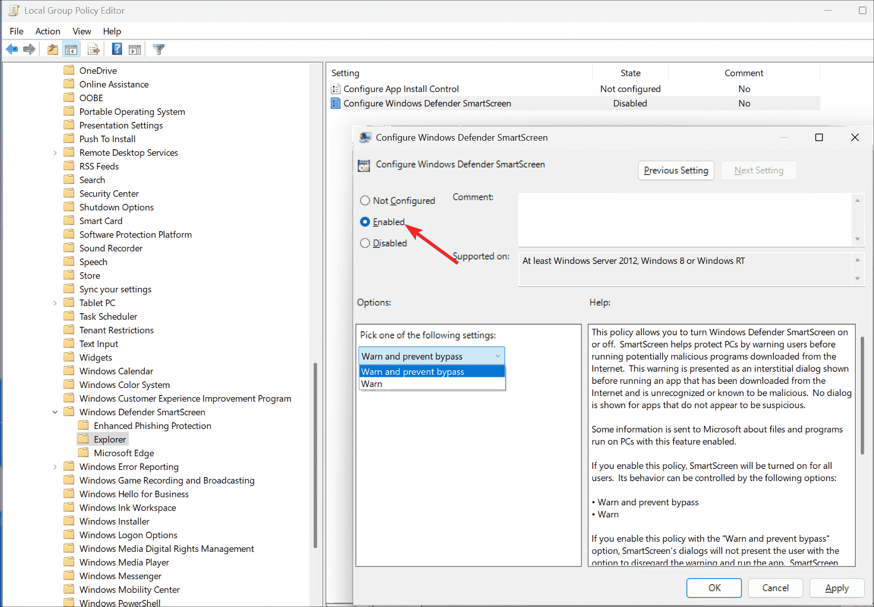 Enable Configure Windows Defender SmartScreen option