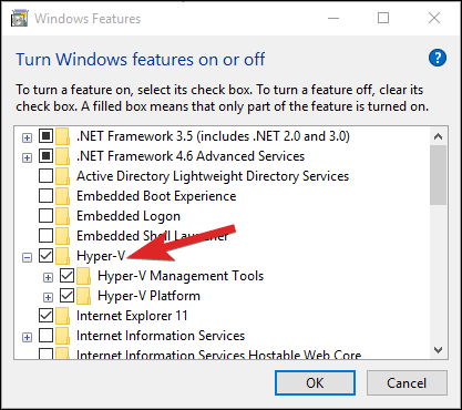 Enable Hyper V in Windows features window