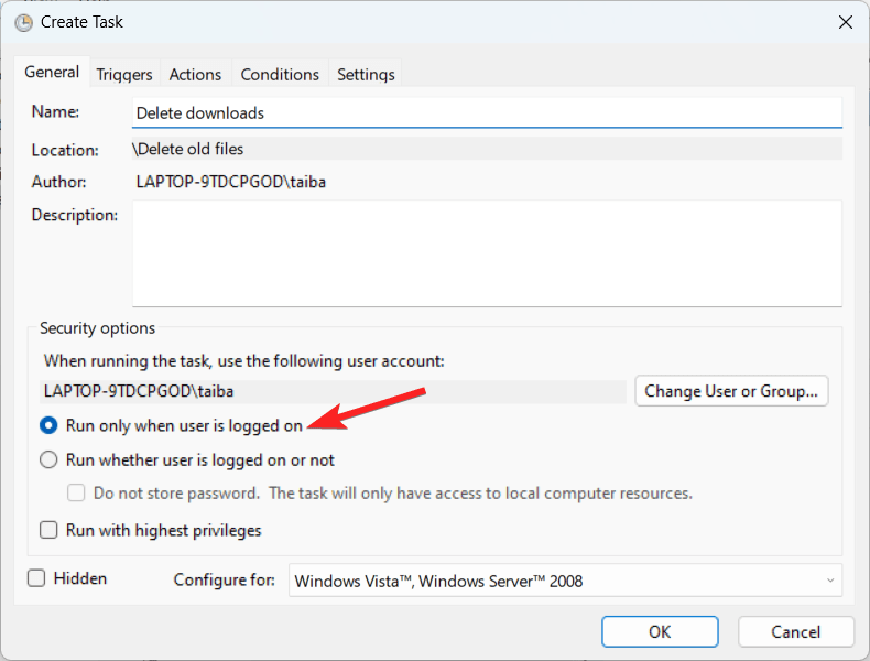 Enable run only when user is logged on option