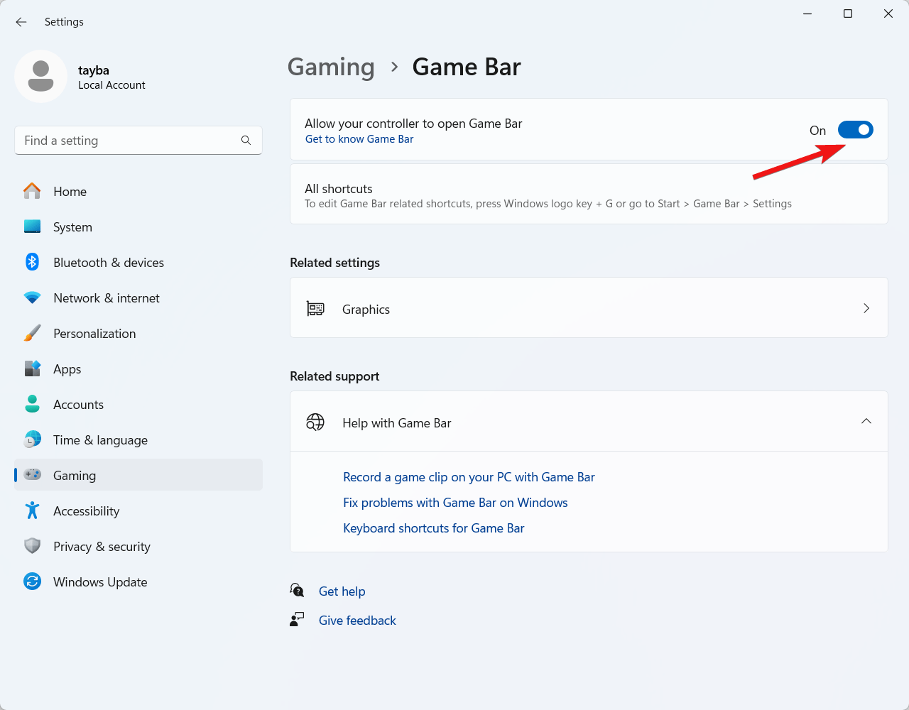 Enable the toggle for allow your controller to open Game Bar