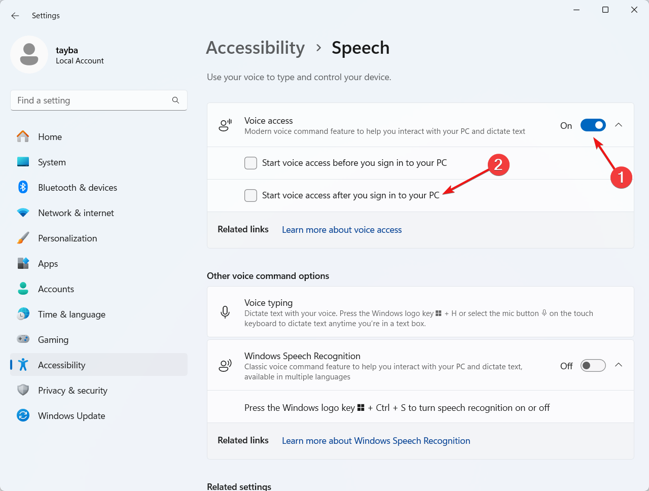 Enable voice access feature