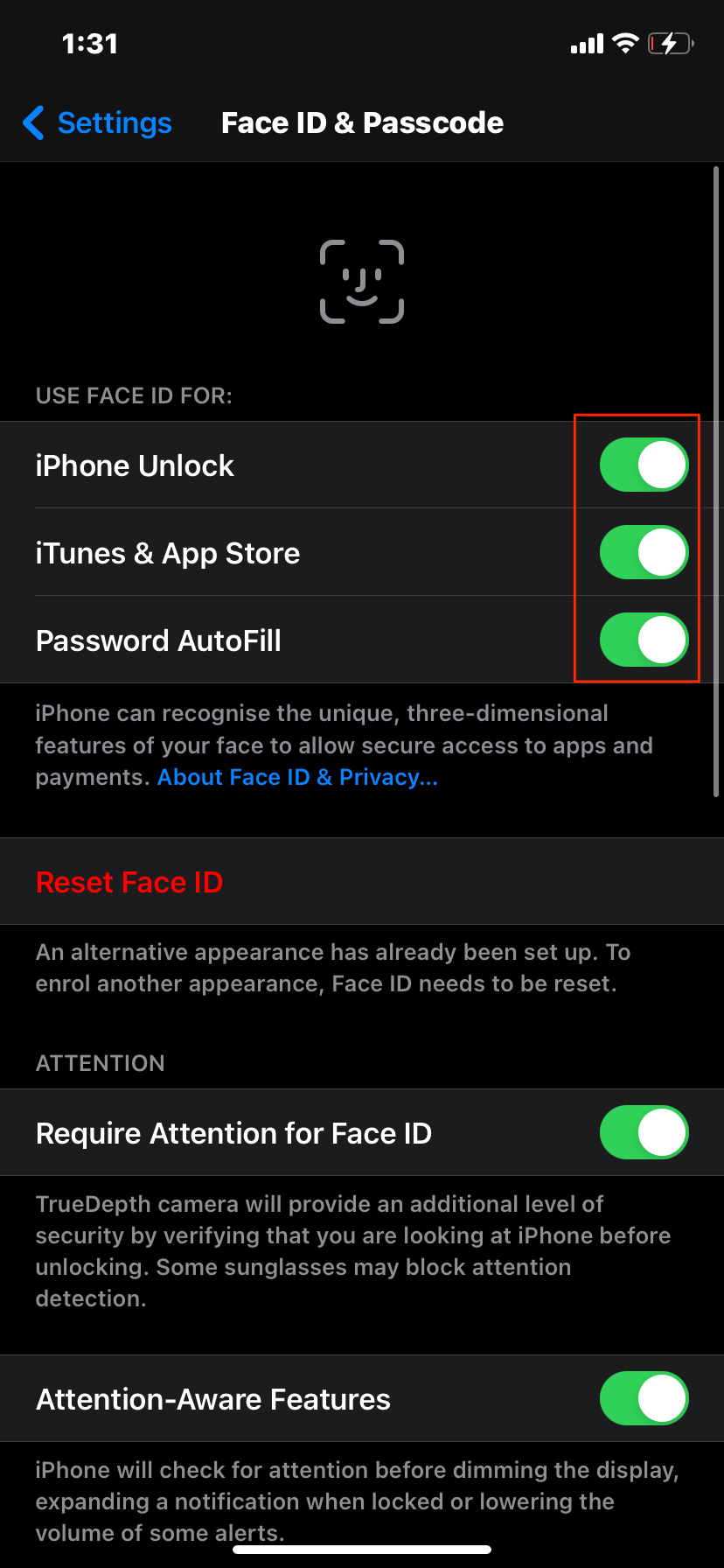 Enable Face ID for all Options