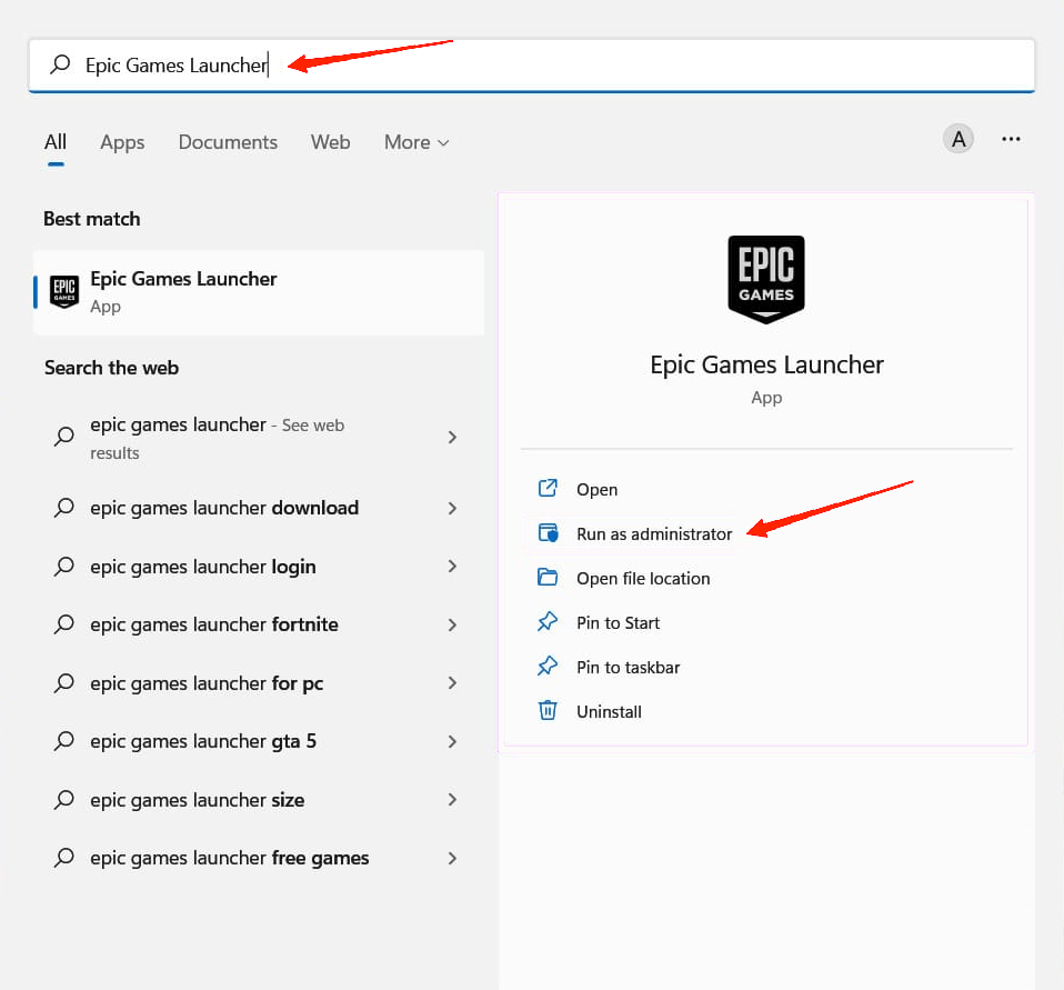 Run as administrator" option under Epic Games Launcher icon