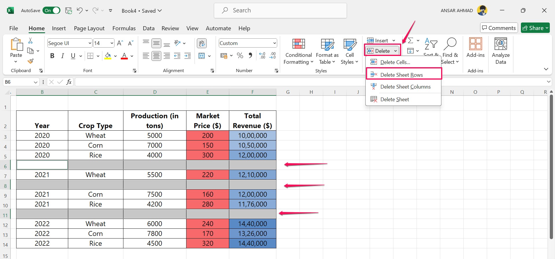 Click on the Delete Selected Rows to remove the empty rows