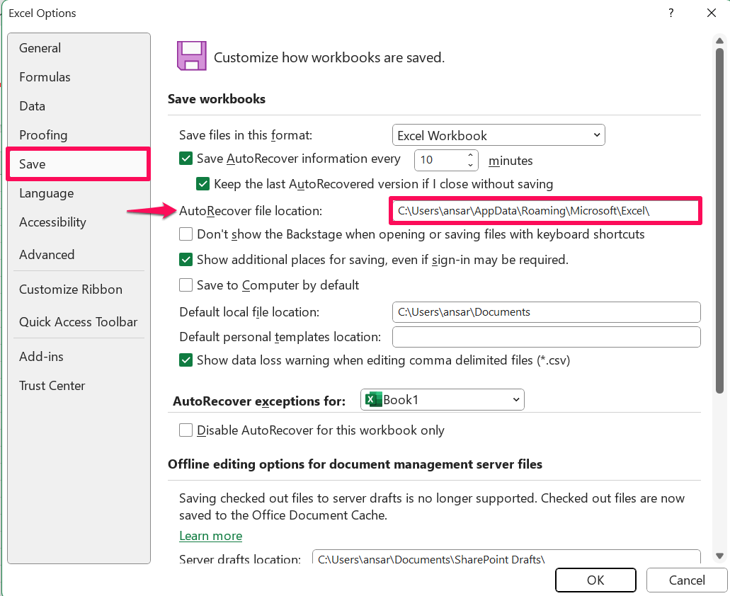 Click on Save option and copy the AutoRecover file path