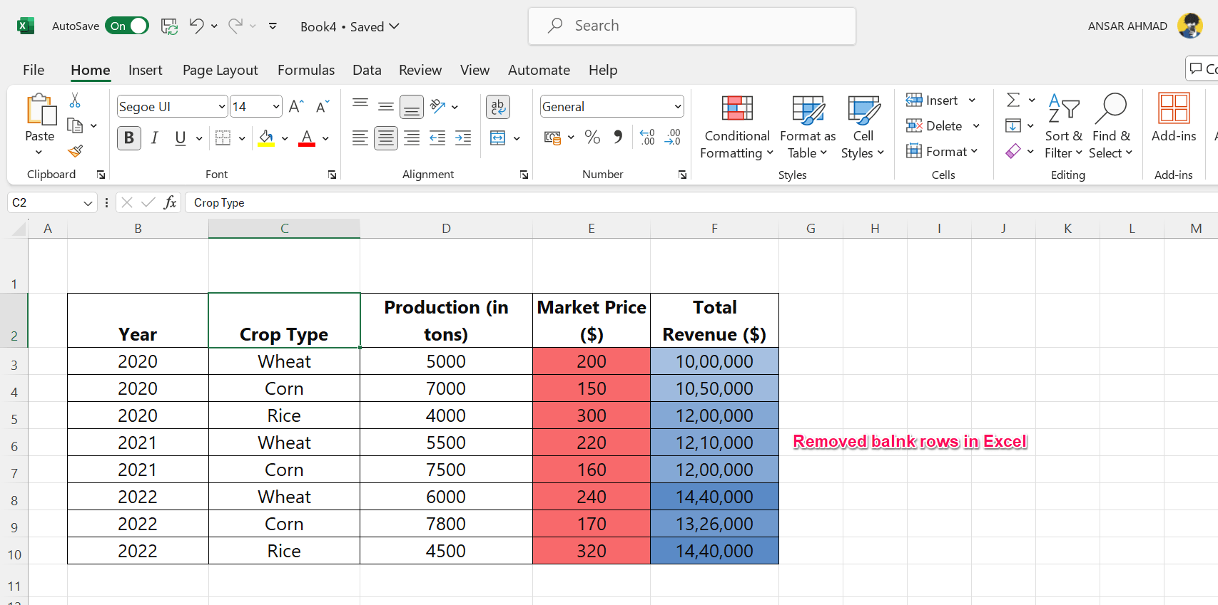 Removed empty rows in Excel