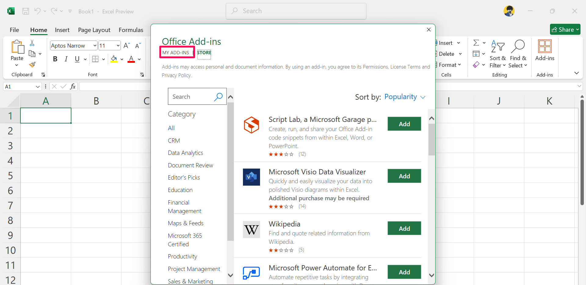 Click on MY ADD-INS option to remove the add-ins