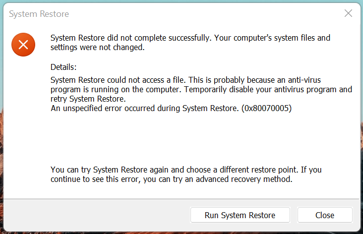 FIX System Restore Failed 0x80070005