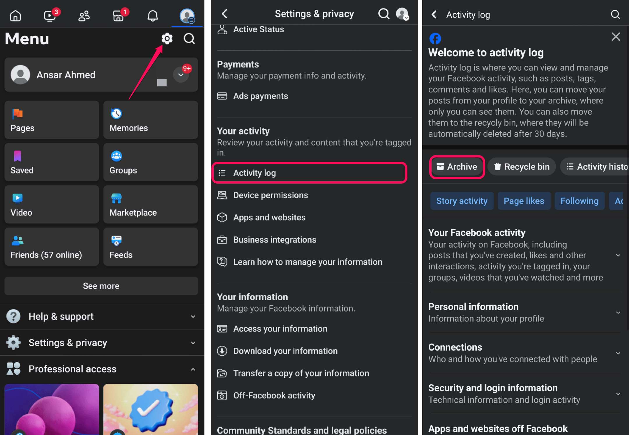 Tap on Activity log and choose Archive option 