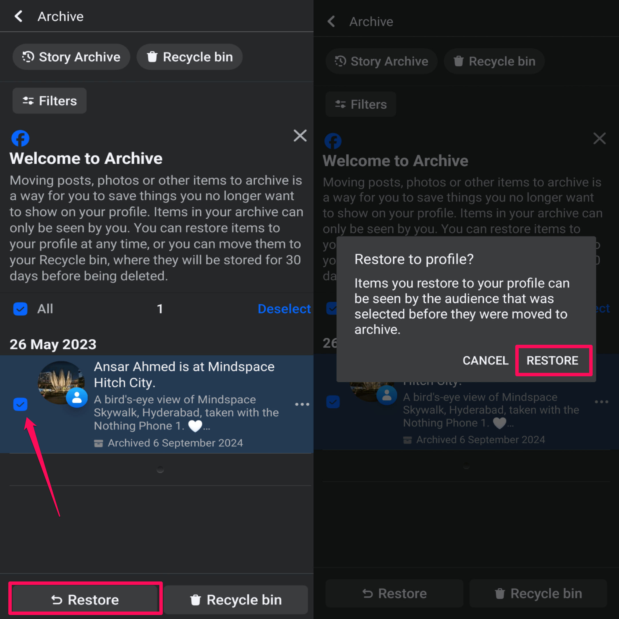 Select the post and tap on Restore option