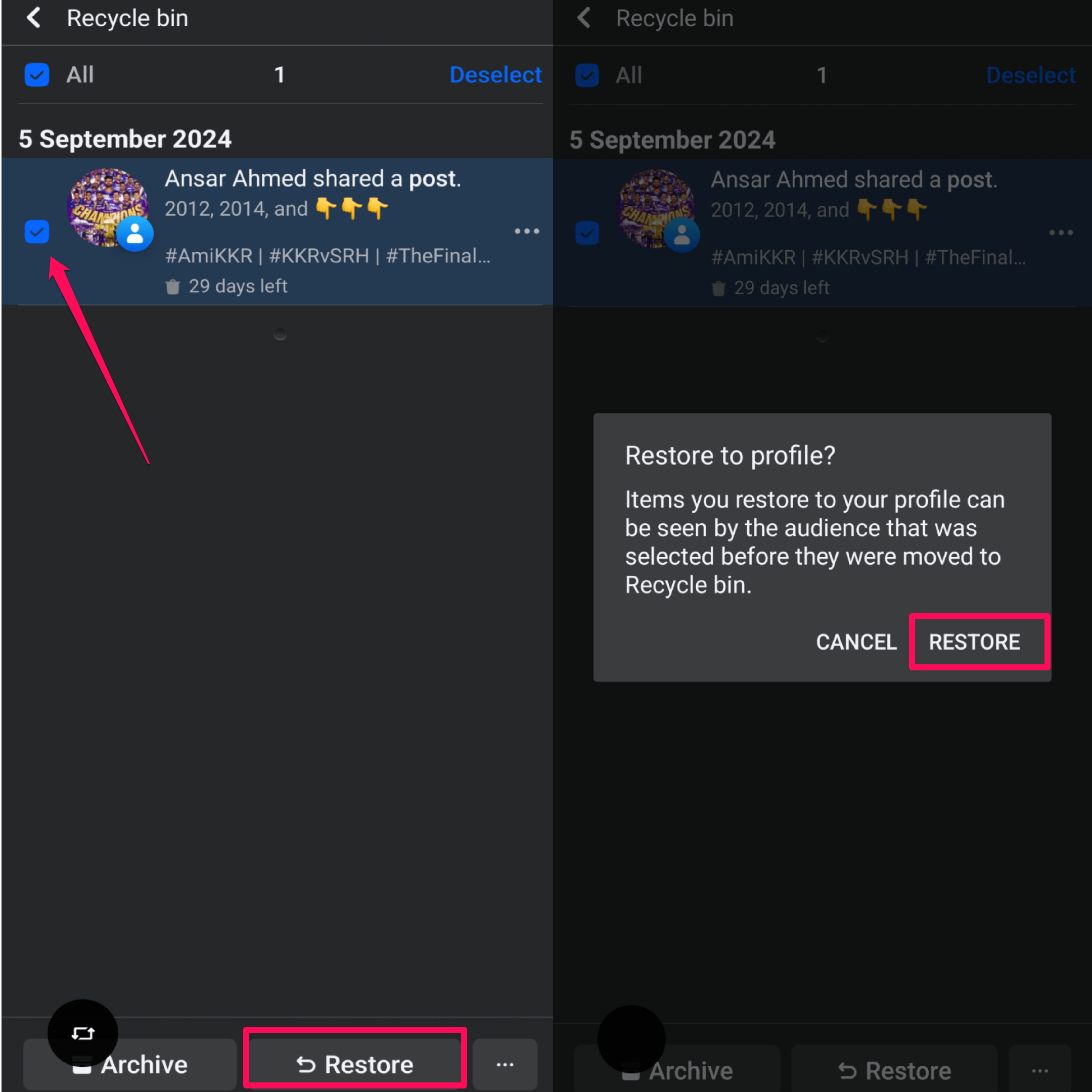 Check mark the post and tap on Restore option