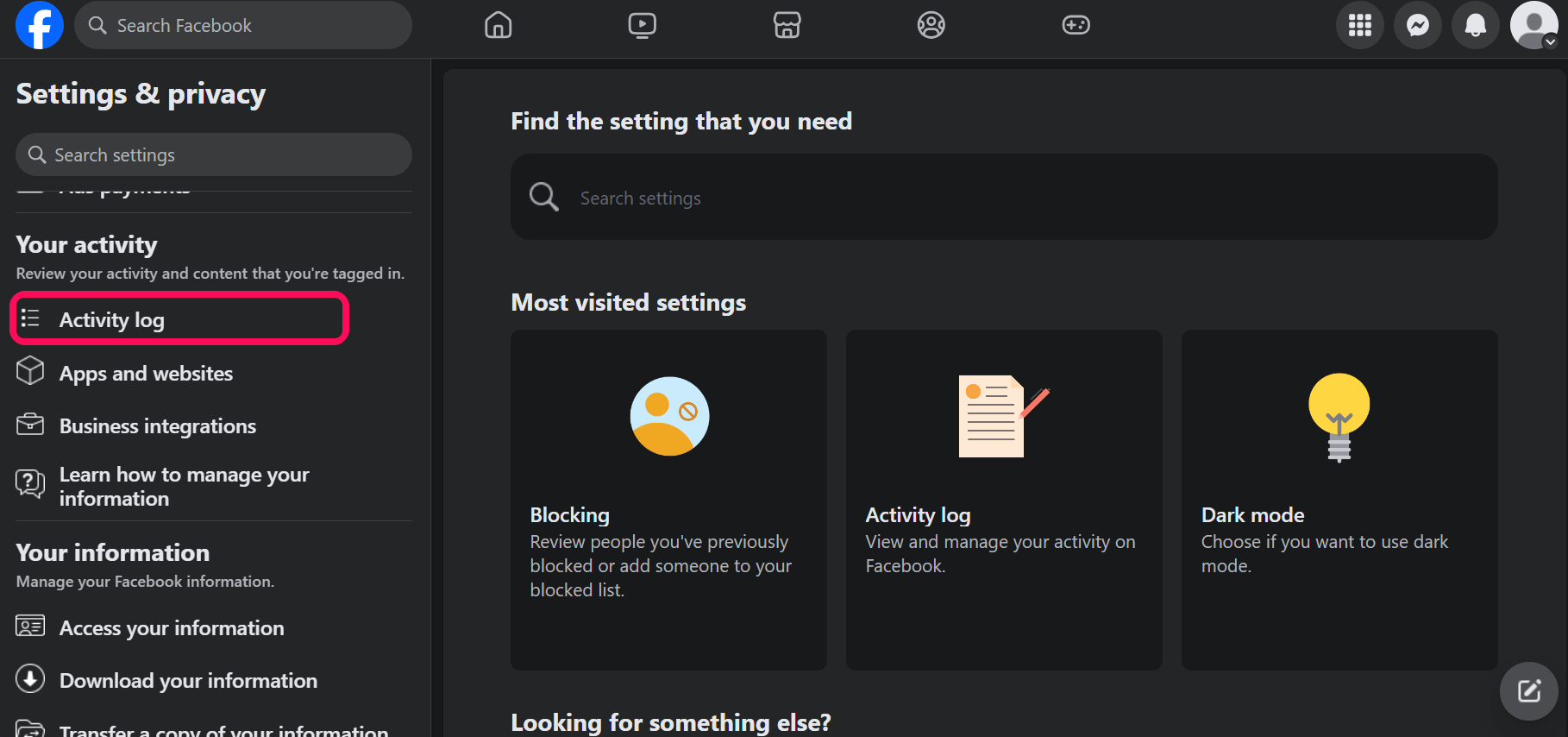 Click on Activity log in the Your activity section 