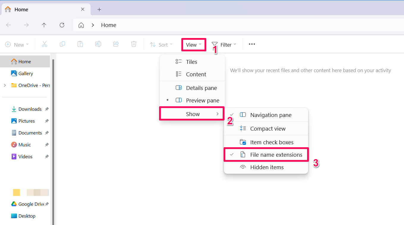 Click on Show and choose File name extension