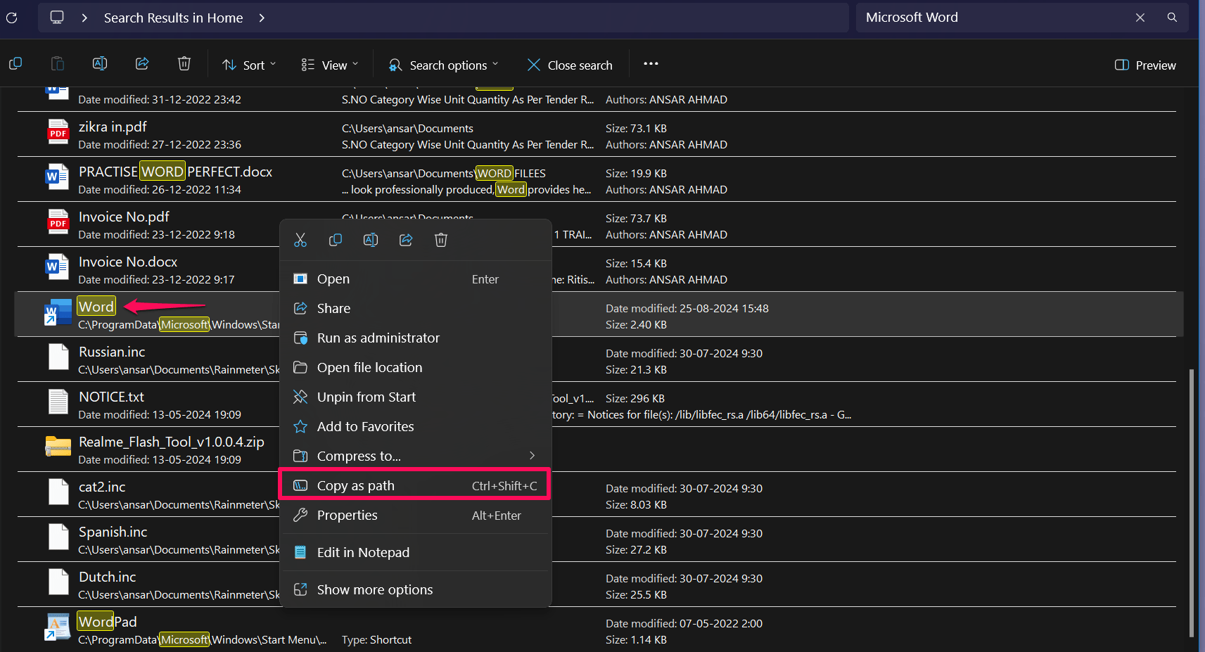 Copy the application path to paste on value data