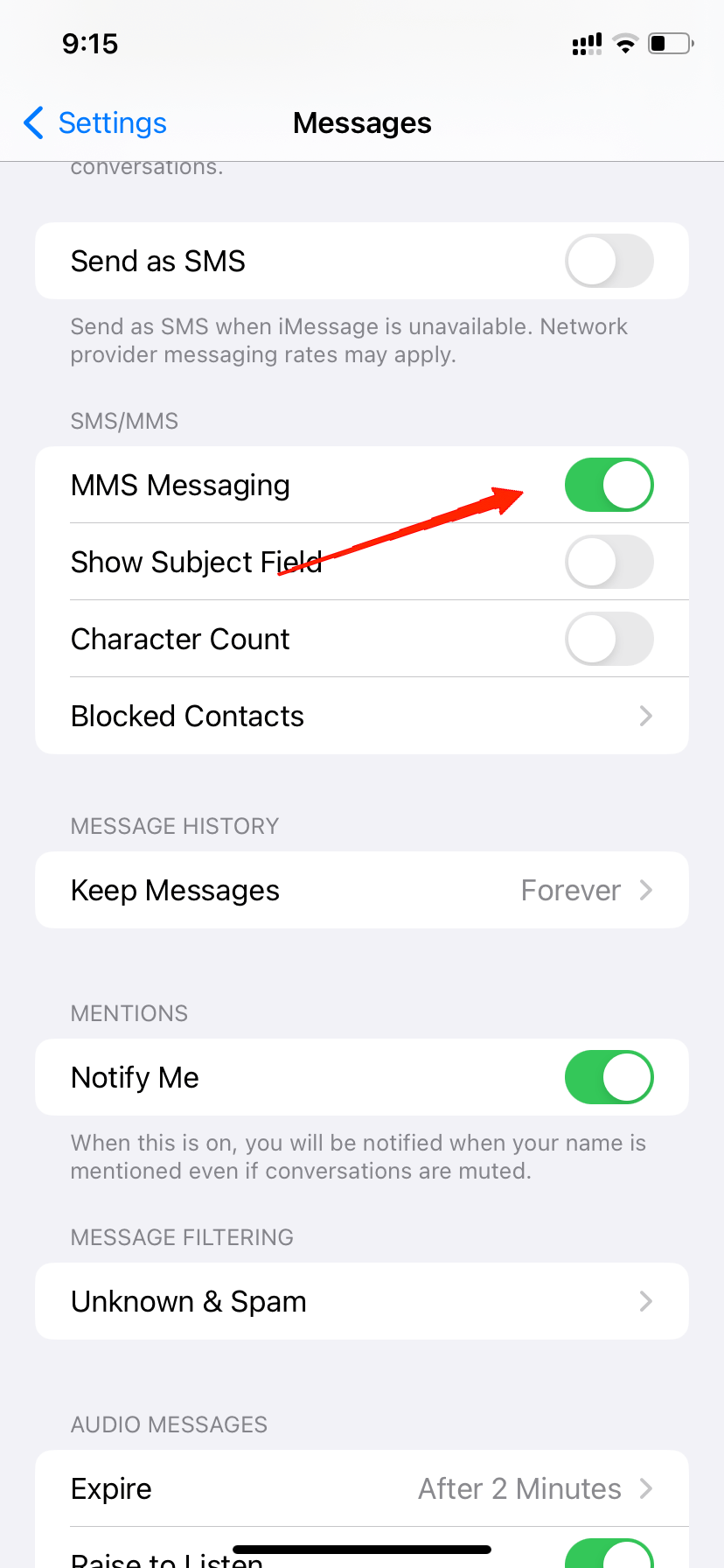 Finally, tap on the toggle beside MMS Messaging to enable the feature.